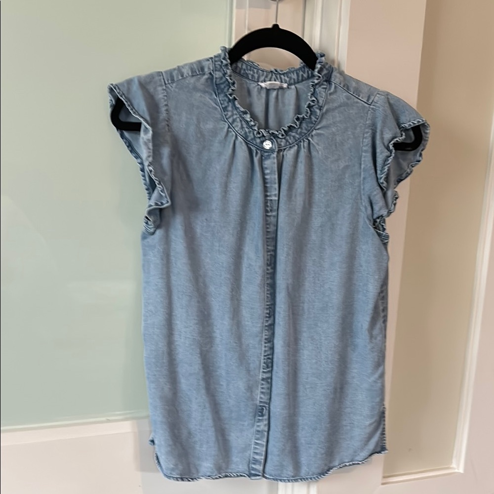 Chambray Ruffle Sleeve Button-Up Top